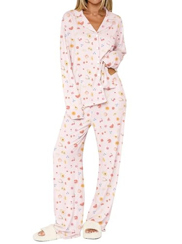 Dressmine Womens Fruit Print Pjs Button Down Pajama Sets Long Sleeve V Neck Matching Lounge Set Casual Nightwear Pink XS | Amazon (US)