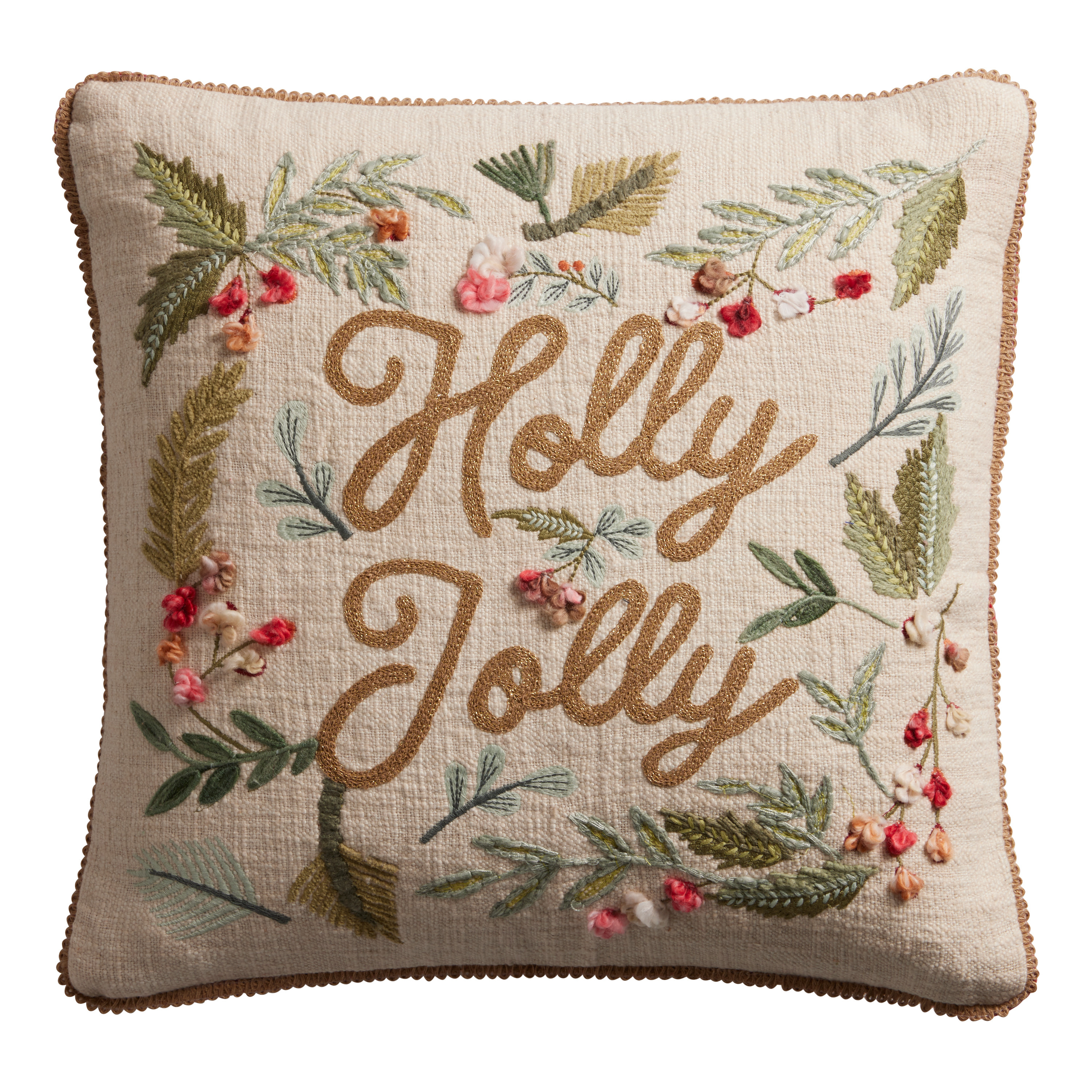 Ivory And Gold Embroidered Holly Jolly Throw Pillow | World Market