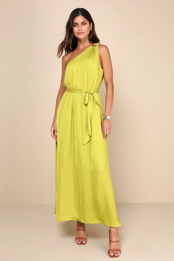 Goddess Aura Chartreuse Satin One-Shoulder Maxi Dress | Lulus