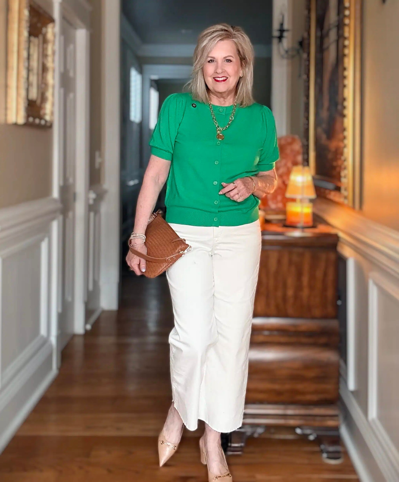 This green puff sleeve cardigan is simple, but elevated this outfit! My green cardigan is from Amazon and comes in several colors. I’m wearing a medium. White jeans are a must have in your closet for Spring and Summer, so these will be worn often. 

#LTKSeasonal #LTKWorkwear #LTKootd