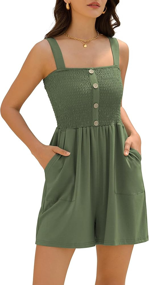 ZAFUL Womens Casual Short Jumpsuits Smocked Rompers Sleeveless Faux Button Vacation Outfits for W... | Amazon (US)