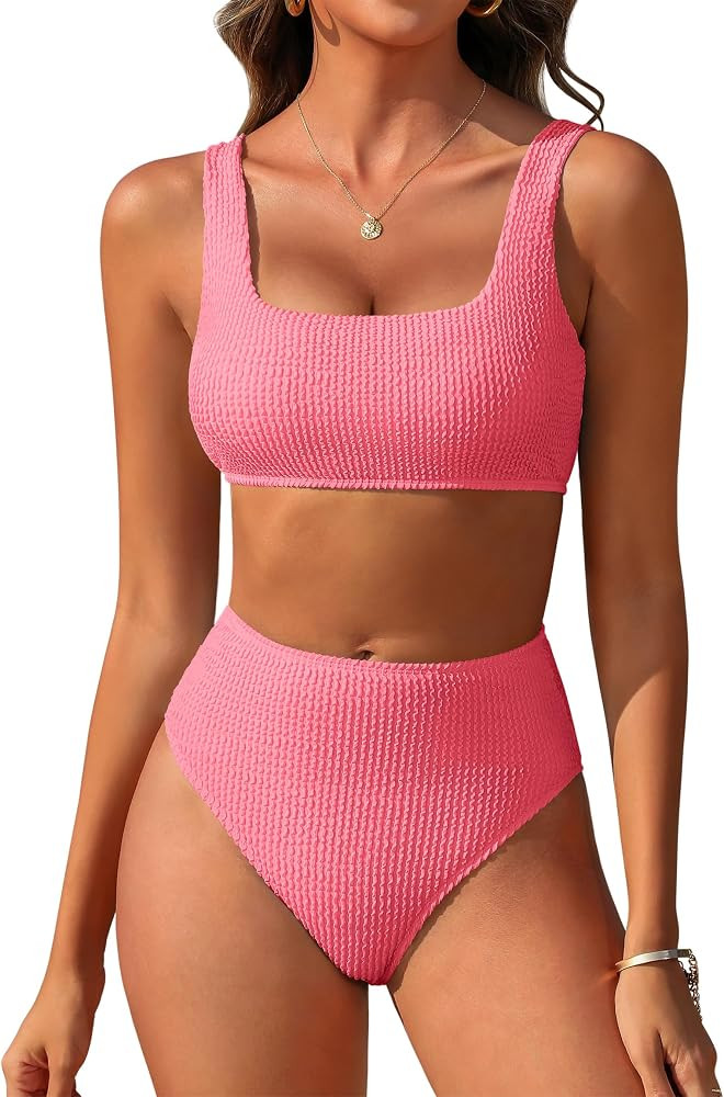 ANRABESS Women\u2019 Two Piece Bikini Sets\uff0c High Waist Square Neck Swimsuits \uff0cRibbed Te... | Amazon (US)