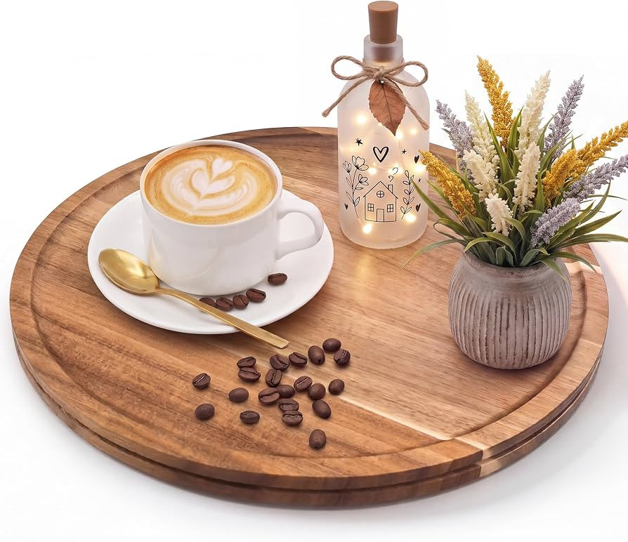 14.9" Wooden Decorative Serving Tray for Coffee Table and Home Decor, Large Round Wood Tray for T... | Amazon (US)