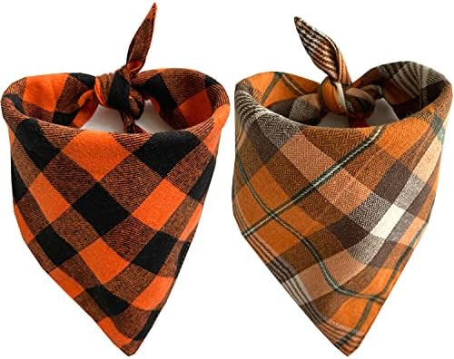 Realeaf Fall Dog Bandanas 2 Pack, Halloween Thanksgiving Dog Bandana, Orange Plaid Pet Scarf for Boy | Amazon (US)