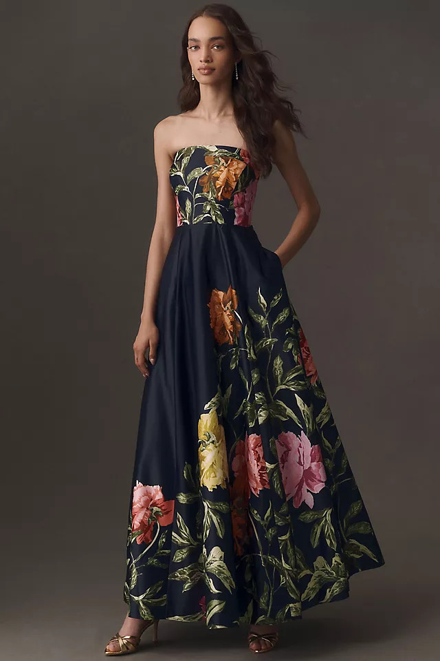 Kira Strapless Printed Satin A-Line Maxi Dress | Anthropologie (US)