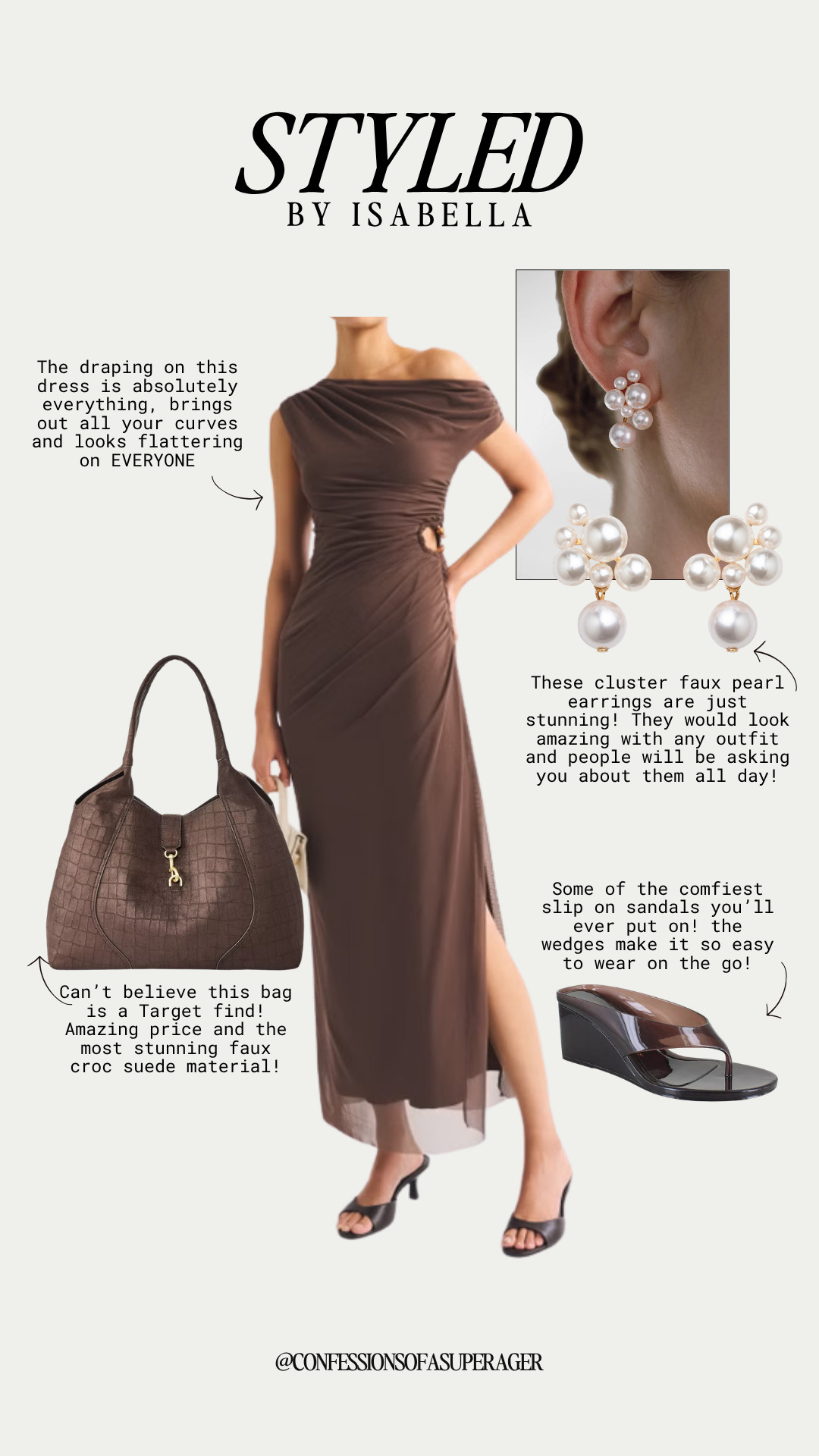 Chocolate brown is the color of the season, and this elegant look is giving timeless luxury without the designer price tag! 🤎 From the flattering draped midi dress and chic faux croc handbag to statement pearl earrings and comfy wedge sandals, these pieces are perfect for weddings, date nights, vacations, and fall events. Tap to shop this effortlessly polished outfit before your favorites sell out! ✨ 

 #LTKStyle #LTKFashion #ChocolateBrown #BrownOutfit #MidiDress #DateNightStyle #WeddingGuestDress #FallFashion #LuxuryStyle #QuietLuxury #TargetStyle #AffordableFashion #PearlJewelry #WedgeSandals #CapsuleWardrobe #FashionOver40 #FashionOver50 #AgelessStyle #ElegantStyle #ConfessionsOfASuperager

#LTKSeasonal #LTKOver40 #LTKSaleAlert