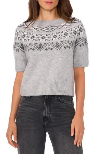 1.STATE Fair Isle Short Sleeve Sweater in Light Heather Grey at Nordstrom Rack, Size Medium | Nordstrom Rack