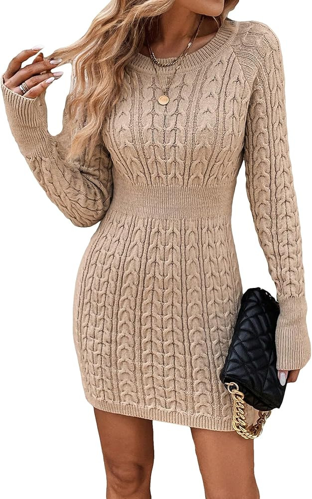 Floerns Women's Cable Knit Sweater Dress Long Sleeve Round Neck High Waist Mini Pencil Dresses | Amazon (US)