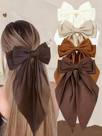 4pcs Large Satin Bow Hair Clips, Long Tail Brown Series, Elegant Bow Hair Clips, French Hair Barrettes, Women's Daily Accessories, Suitable For Holidays, Valentine's Day Gifts, Outdoor Decorations, Claw Clips, School Supplies, Hair Accessories, Head Accessories | SHEIN