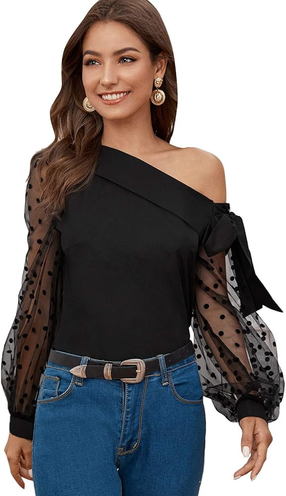 Verdusa Women's Tie Knot Asymmetrical Neck Mesh Long Sleeve Blouse Tops | Amazon (US)