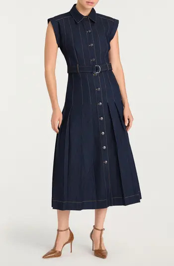 Karter Pleated Belted Denim Midi Dress | Nordstrom