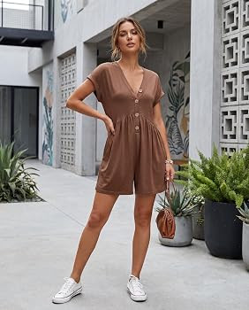 MEROKEETY Rompers for Women Summer 2026 Casual Cap Sleeve V neck Button Short Jumpsuit Overalls B... | Amazon (US)
