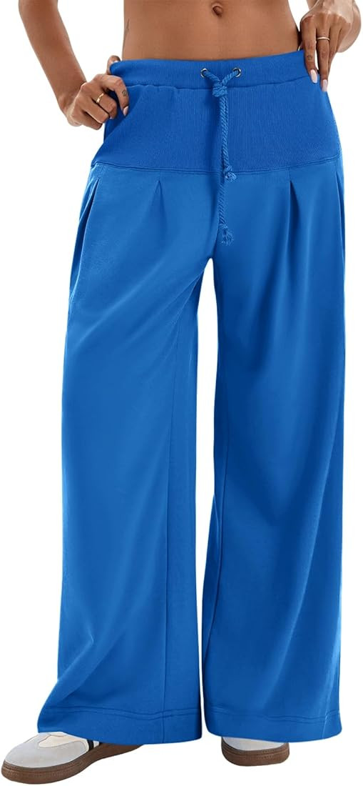 Amazon.com: Tankaneo Womens Pleated Wide Leg Sweatpants Baggy Drawstring High Waisted Pants Casua... | Amazon (US)
