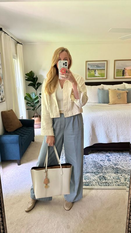 Work outfit idea - white ribbed polo tee, light blue trouser pants and cropped cream jacket 

Sized down in the trousers

Cream white work tote - love this thing for transporting my laptop & all the sturdy pockets. The material wipes clean too.


#LTKStyleTip #LTKSeasonal #LTKItBag