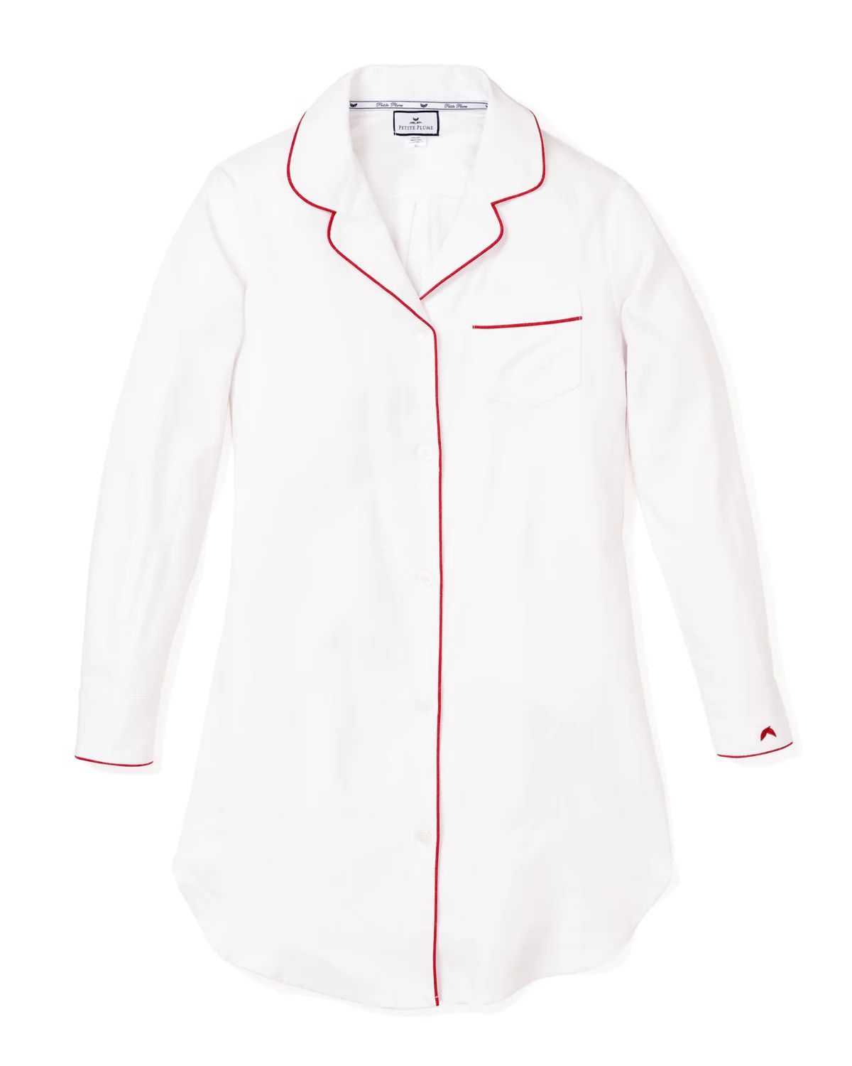 Women's White Twill Nightshirt with Red Piping | Over The Moon
