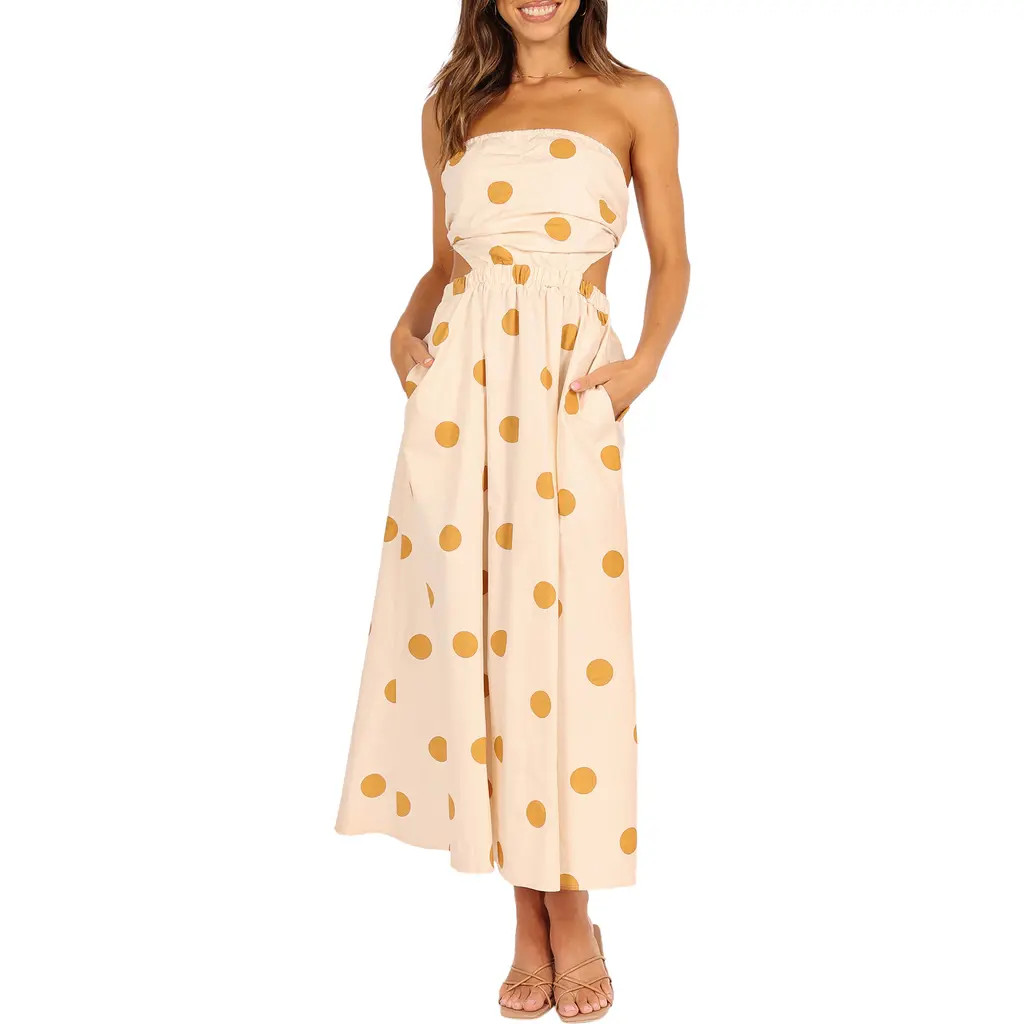 Petal & Pup Angelique Polka Dot Strapless Open Back Maxi Dress in Beige Spot at Nordstrom, Size 0 | Nordstrom