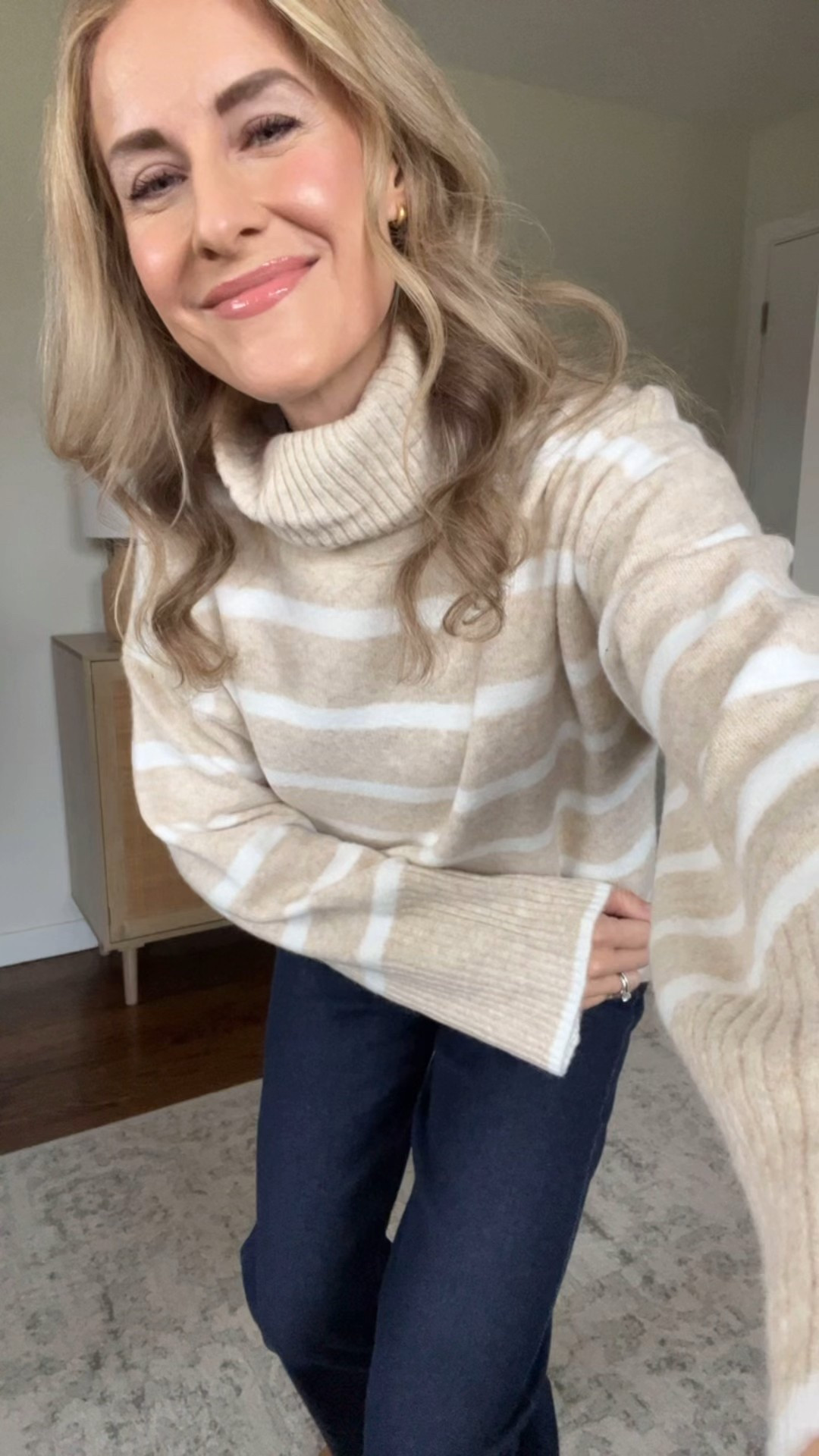 Walmart turtleneck sweater I’m loving, I have it in the purple stripe as well! Soft and cozy. I went up one size to a medium. Jeans are tts small. Boots are on sale!! #walmartfashion #walmartfinds 

#LTKOver40 #LTKFindsUnder50 #LTKSaleAlert