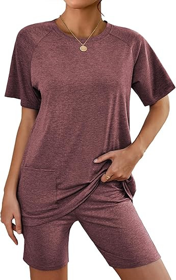 Ekouaer Two Piece Sets for Women Summer Outfits 2026 Lounge Set Crew Neck Tshirts Biker Short Swe... | Amazon (US)