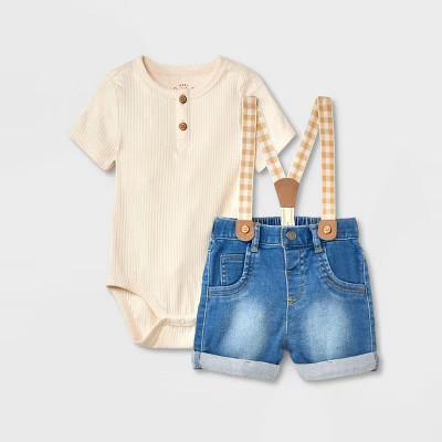 Baby Boys' Ribbed Gingham Suspender Set - Cat & Jack; White | Target