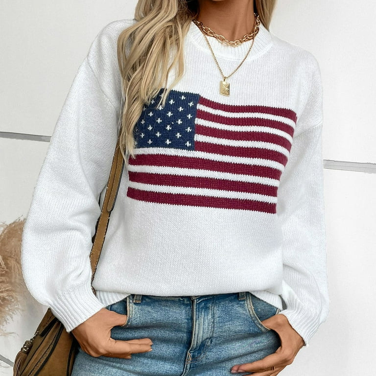 LEBONYARD American Flag Sweater,Women's Winter Loose Flag Printed Sweater Long Sleeve Round Neck ... | Walmart (US)