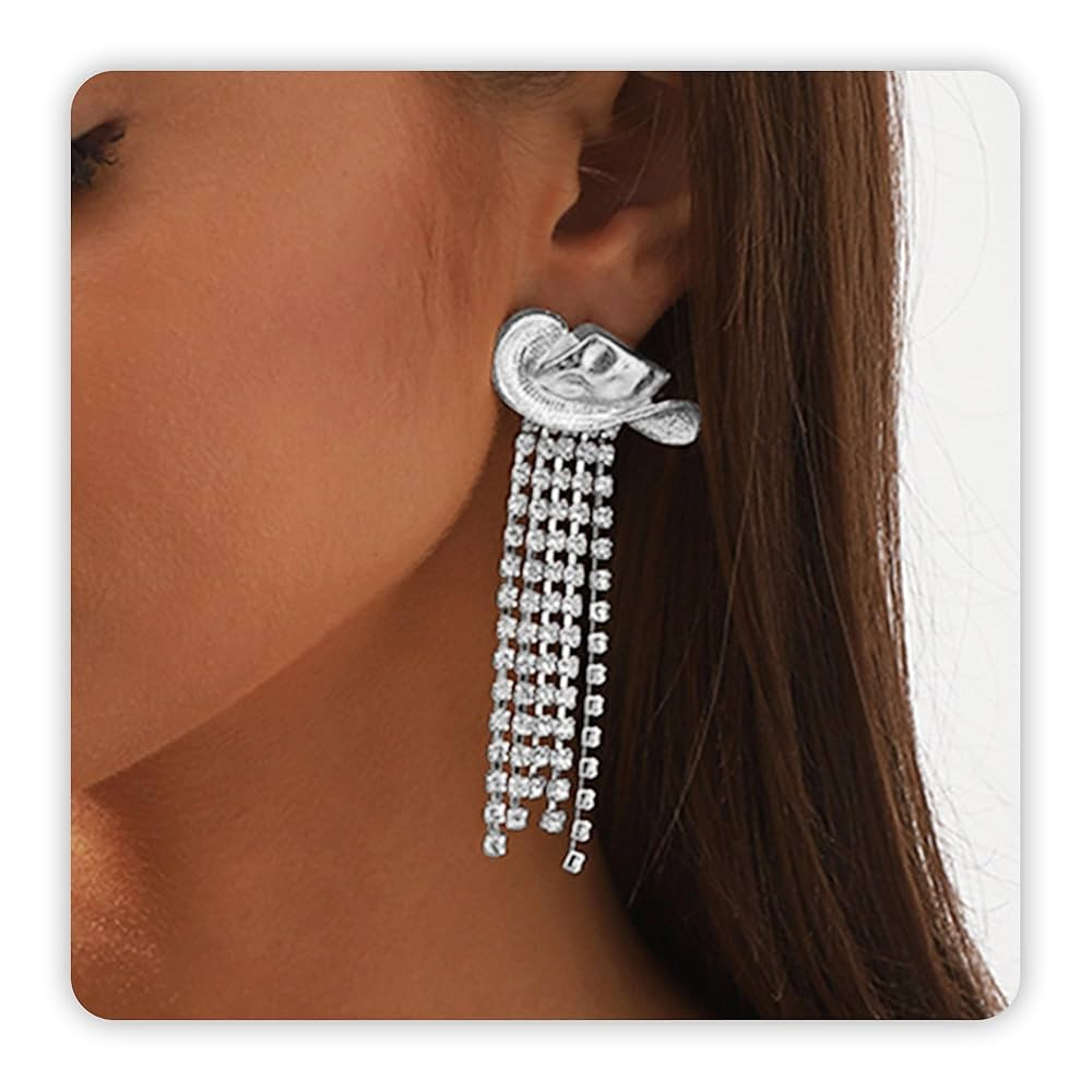 Cowgirl Earrings for Women Western, Silver Rhinestone Dangle Tassel Earrings as Rodeo Country Con... | Amazon (US)