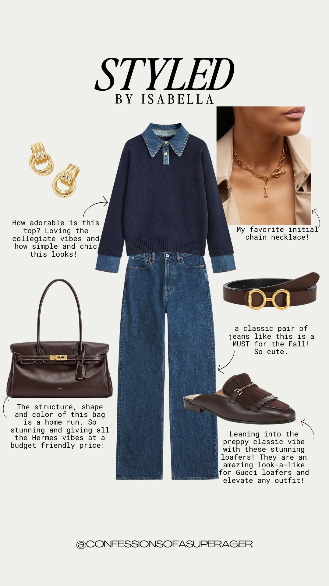 Obsessed with this fall preppy chic outfit 🍂✨ From the collegiate-inspired sweater with denim collar to the Hermes-inspired bag and Gucci loafer dupes—this look is everything. Classic denim, luxe accessories, and timeless style on a budget ✔️ 

 #fallstyle2025 #ltkfallfashion #ltkstyleinspo #ltkbagdupes #ltkshoecrush #ltkover40style #ltkchic #gucciloaferdupes #hermesinspiredbag #LTKFallSale #LTKSaleAlert #LTKItBag