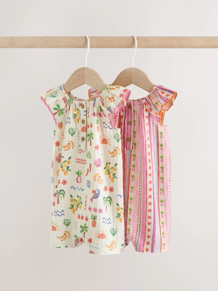 Natural/Coral Fruit Printed Textured Jersey Baby Rompers 2 Pack | Next US