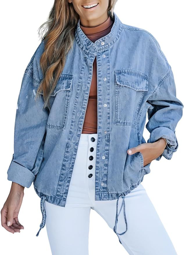 Dokotoo Jean Jackets for Women Cropped Jackets 2023 Fashion Casual Denim Jacket Long Sleeve Butto... | Amazon (US)