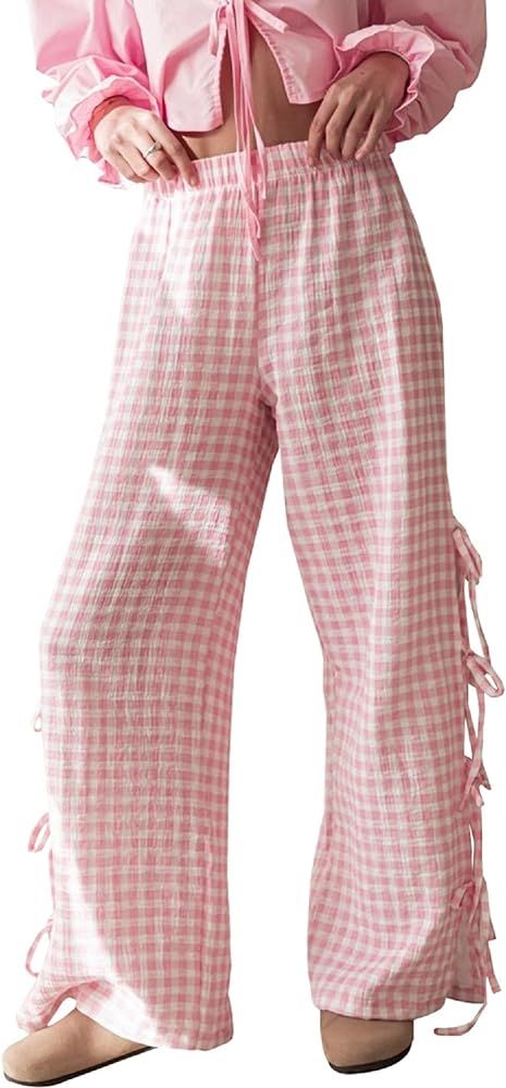 Women Y2k Side Bow Tie Pants Casual Wide Leg Gingham Print Lounge Pants Elastic High Waist Tie Si... | Amazon (US)