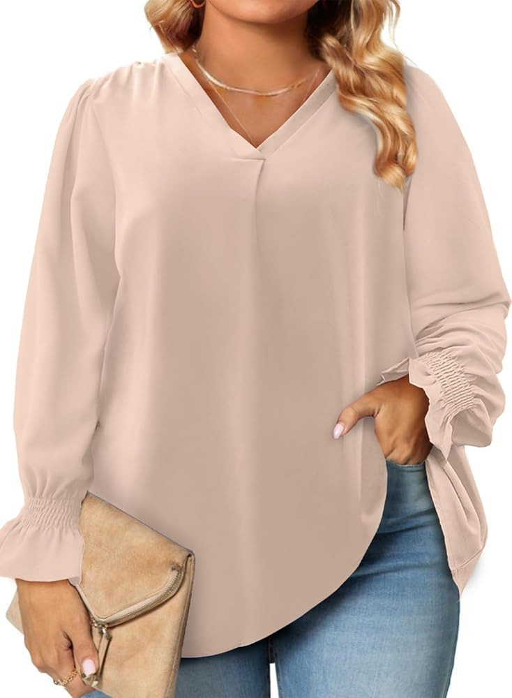 Eytino Plus Size Tops for Women Sexy V Neck Smocked Long Sleeve Blouse Loose Casual Work Shirts(1... | Amazon (US)