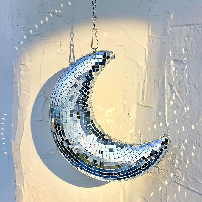 RGZOCT Hanging Disco Ball Moon Shaped 8 Inch Silver Stage Mirror Ball for Christmas Tree, Party, ... | Amazon (US)
