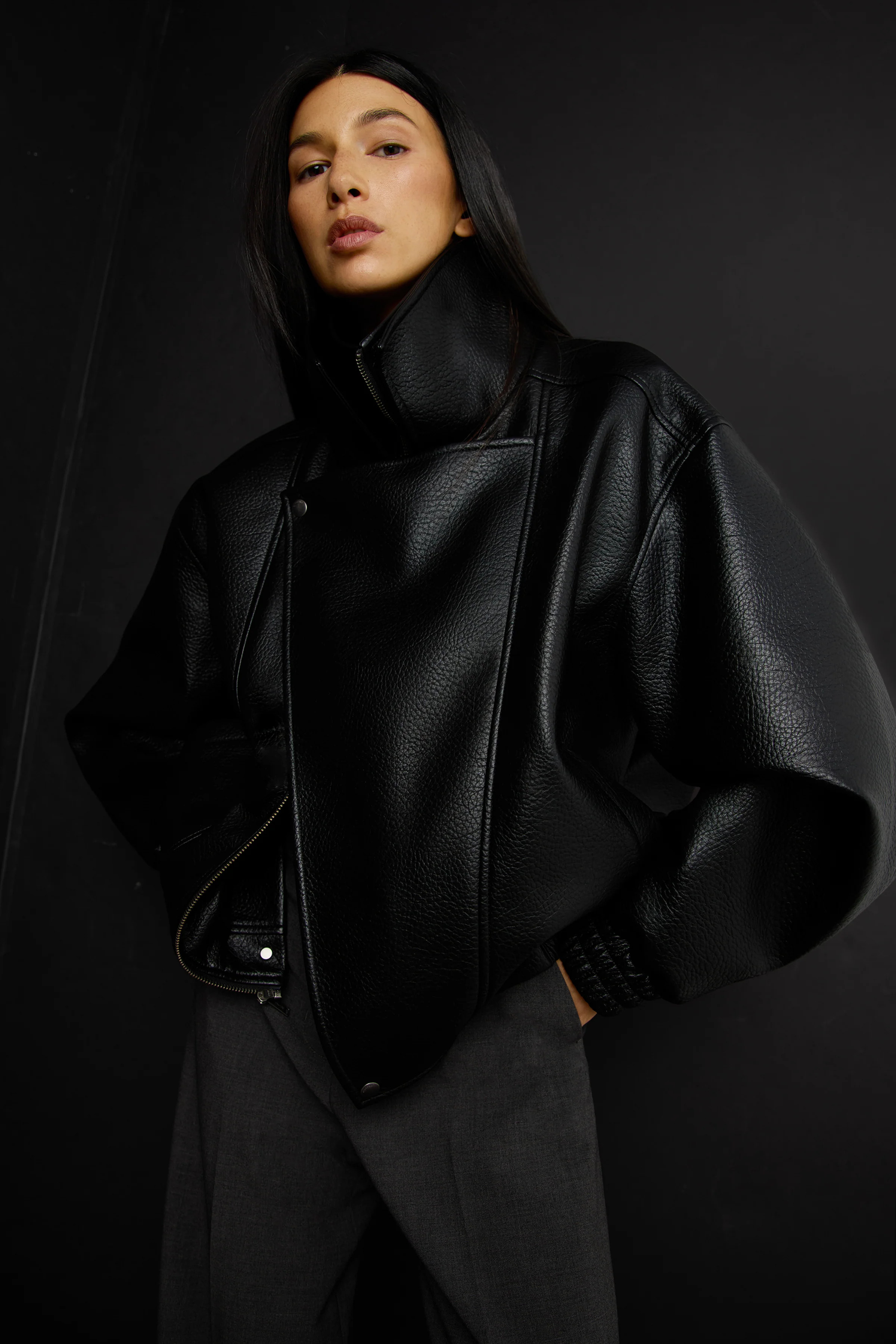 VEGAN LEATHER DOUBLE COLLAR BIKER JACKET Black / Large | OAK + FORT