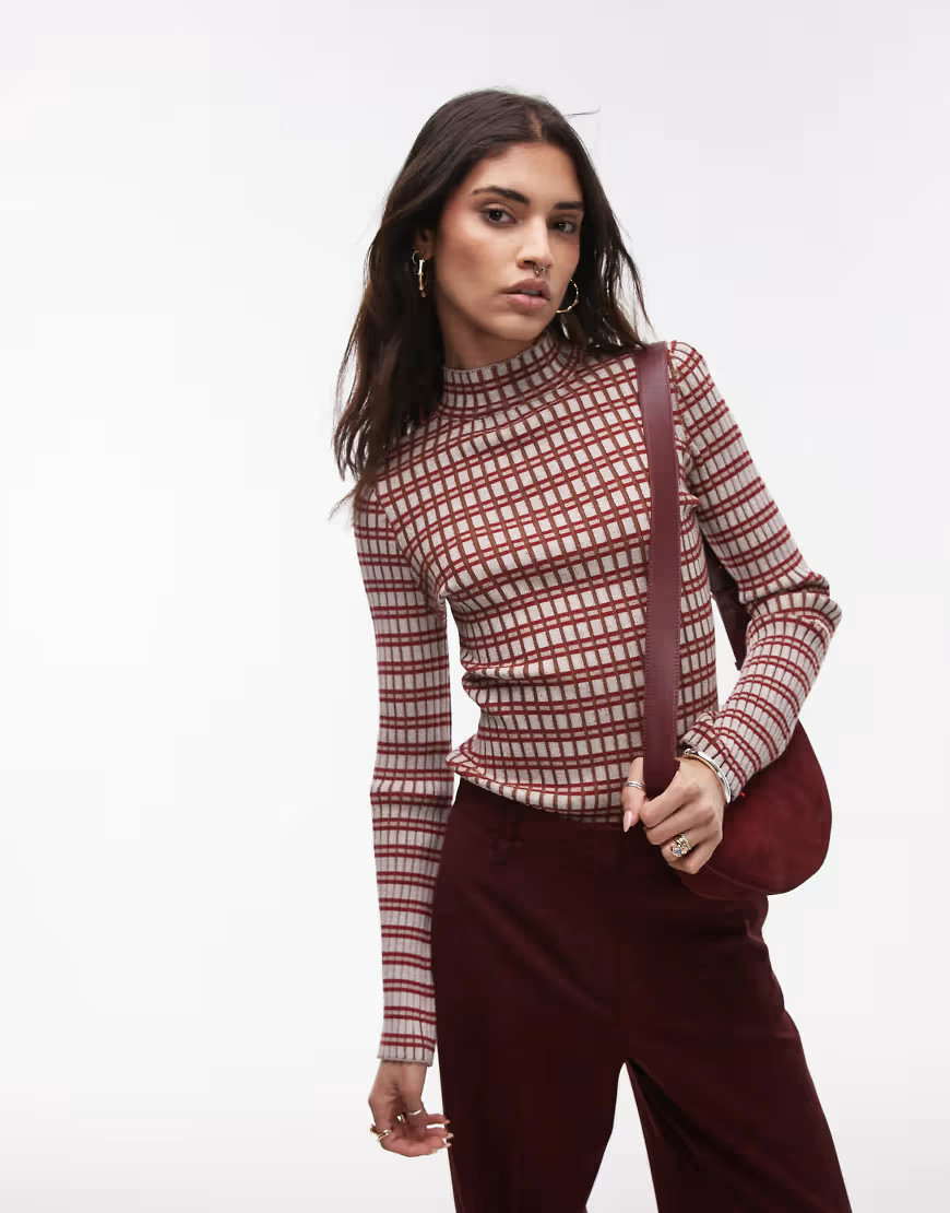 Topshop - Gebreide geruite top met lange mouwen en ongelijke ribbels in multi-Geel | ASOS (Global)