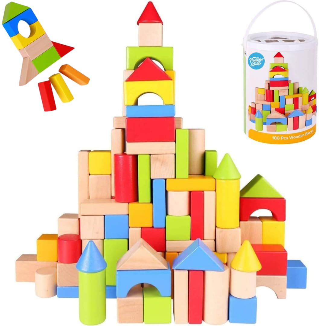 Pidoko Kids Building Blocks for Toddlers 1-3, 100 Pcs Wooden Blocks - Includes Storage Bucket and... | Amazon (US)