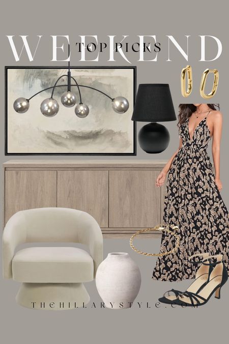 Weekend Top Picks Fashion & Home: clothing and furniture from Walmart, target and Amazon. Velvet Accent chair, wood sideboard, wall art, chandelier, summer dress, black lamp, gold jewelry, ceramic vase, black heels.

#LTKSeasonal #LTKhome #LTKstyletip