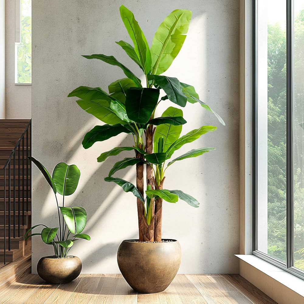 8.2FT Artificial Banana Tree Tall Fake Banana Leaf Plant Faux Banana Silk Tree Faux Banana Leaves... | Amazon (US)