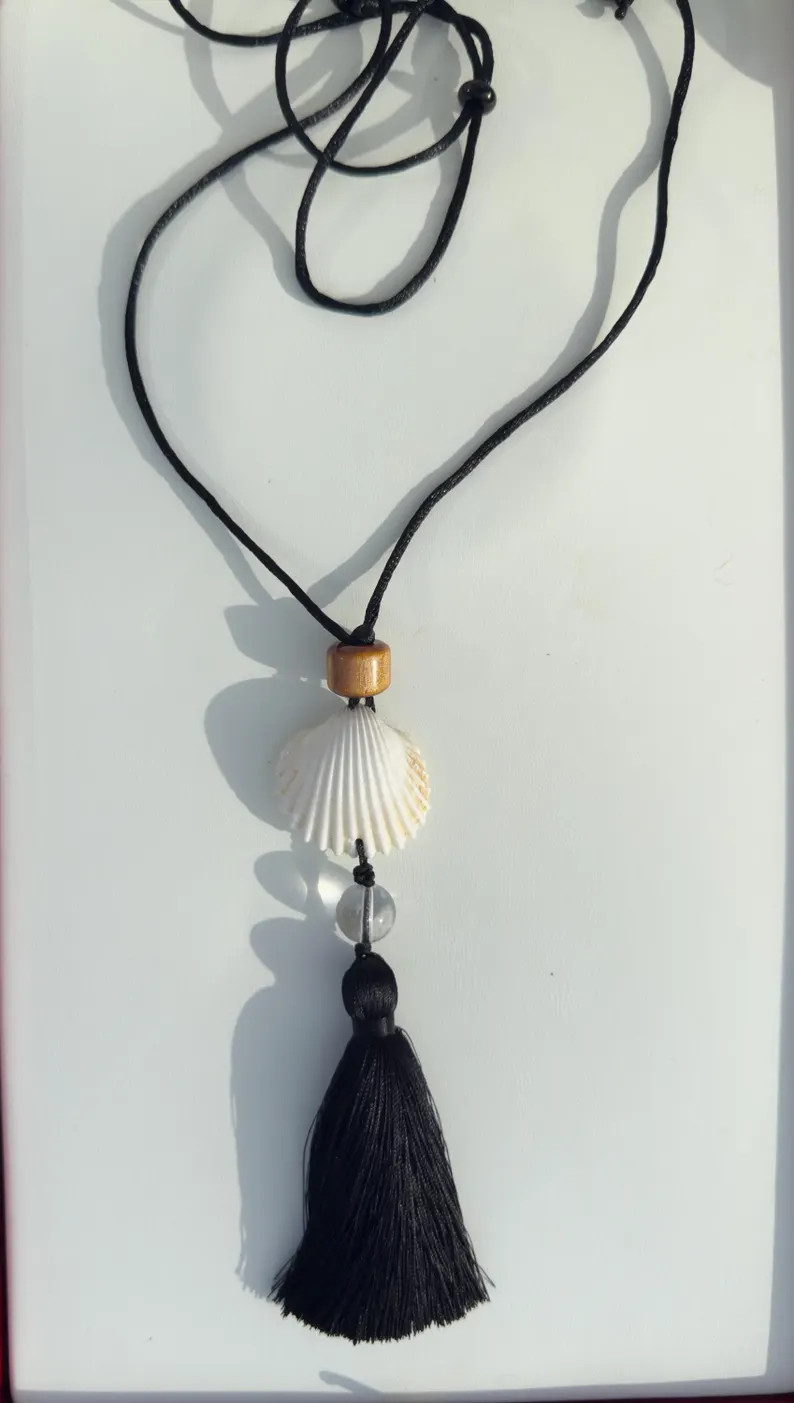 Tassel Amulet Necklace with White Cockle Shell Pendant & acrylic resin bead on silk cord | Etsy (Global)