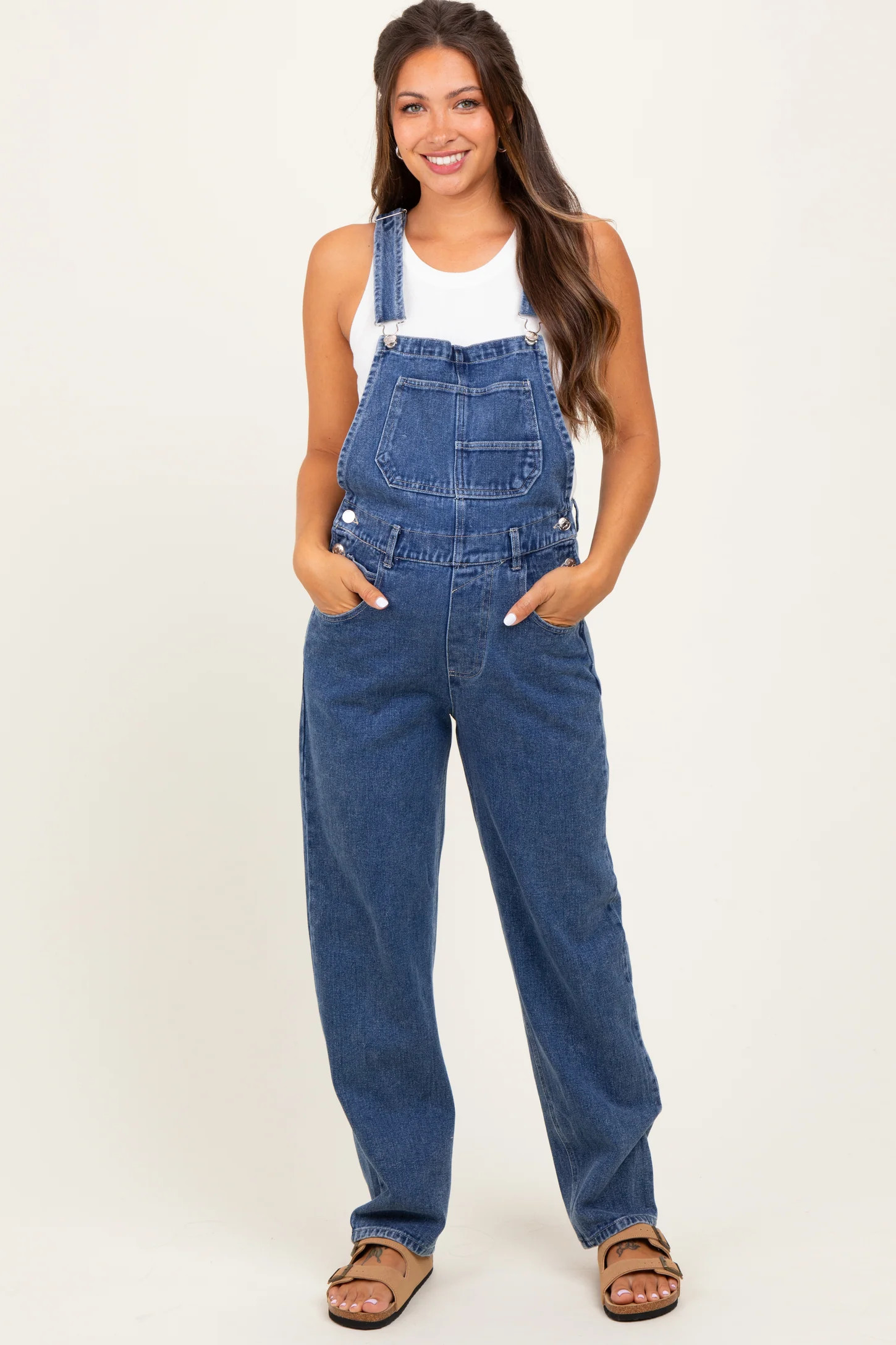 Blue Wash Rolled Cuff Maternity Denim Overalls | PinkBlush Maternity