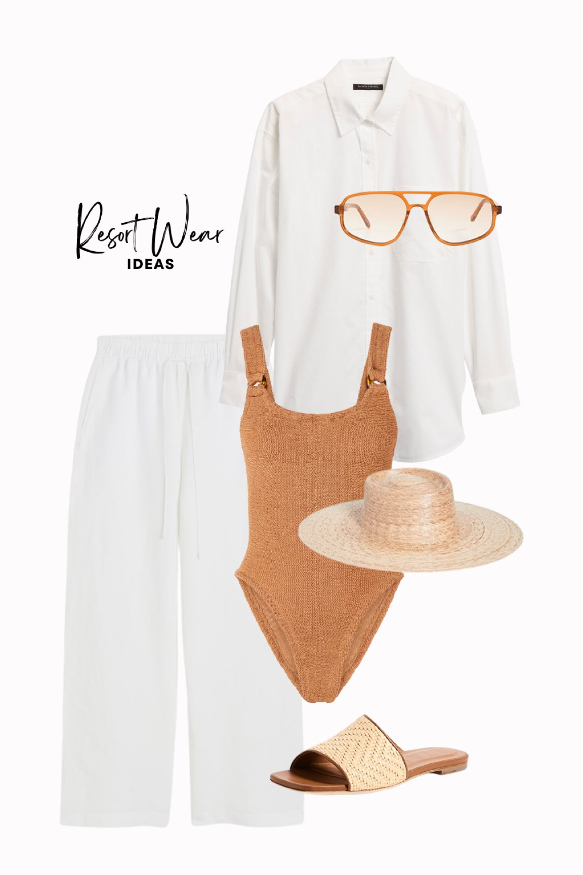 Resort wear outfit idea! These linen pants are so versatile from daytime to night. 

resort wear l resort outfit l resort l vacation outfit l vacation hat l swimwear l swimsuit l one piece 
