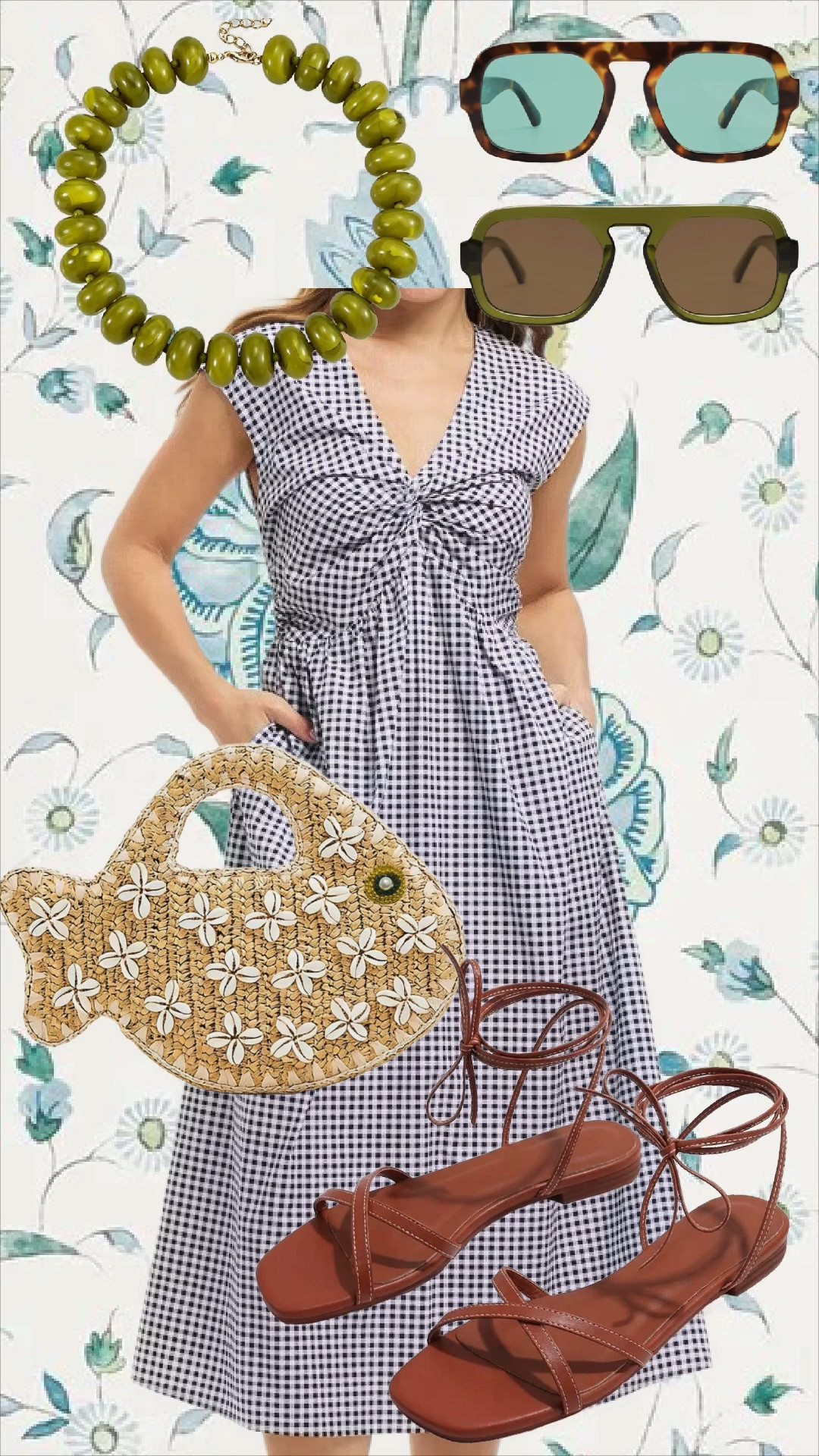 @Target dress and some cute Amazon accessories! 

Fish purse, beaded necklace, wrap sandals, sunglasses