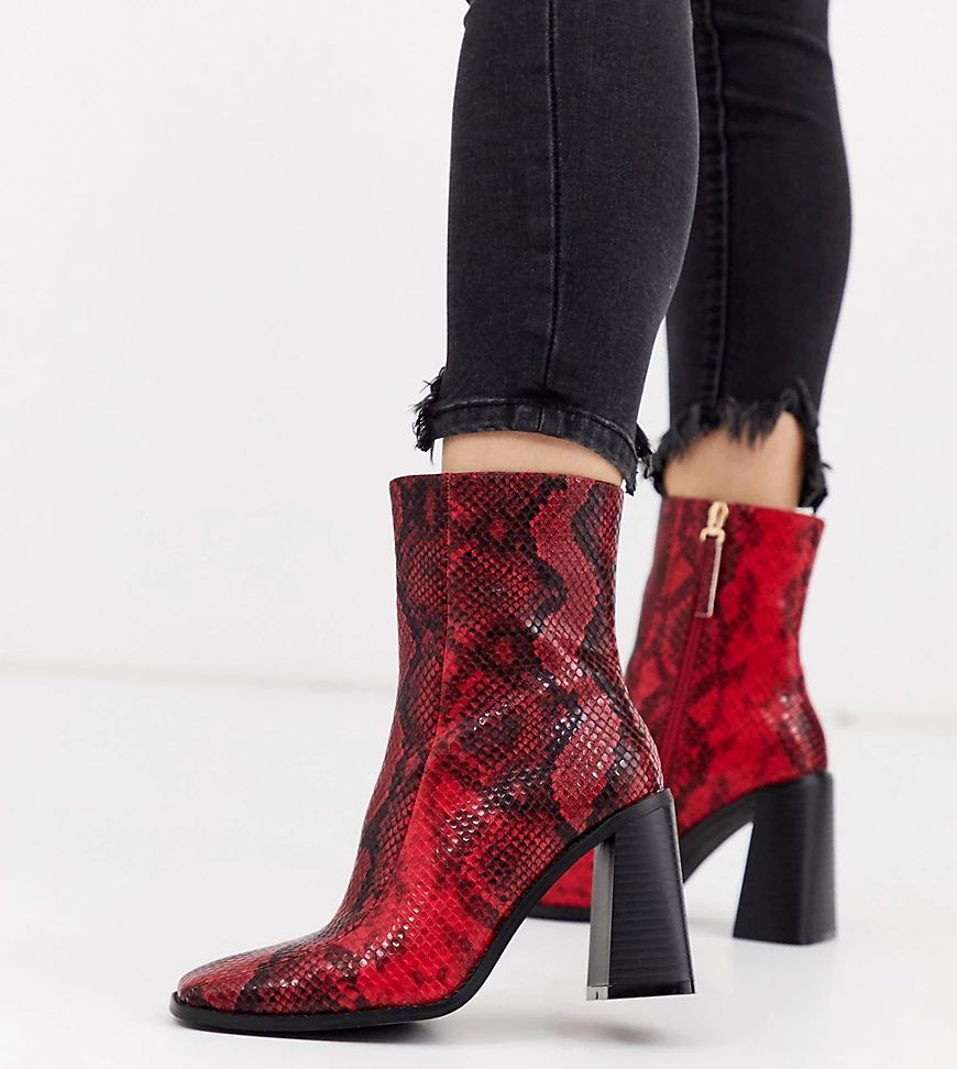 Co Wren wide fit block heeled boots in snake-Red | ASOS (Global)