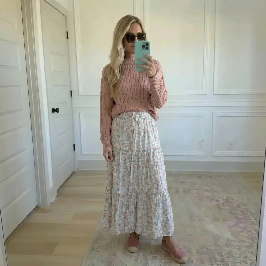 Soft blush tones meet delicate florals in a light-filled, paneled room. A blonde woman captures a mirror selfie wearing a cozy textured pink sweater tucked into a flowy, tiered floral maxi skirt. Finished with blush espadrilles and oversized sunglasses, the look feels romantic, relaxed, and quietly feminine—equal parts cottagecore and everyday elegance. Airy fabrics, muted pastels, and natural light create a calm, timeless moment that feels effortlessly put together.

Hashtags
#SoftFeminine #EverydayRomantic #BlushTones #FloralSkirt
#CottagecoreStyle #EffortlessChic #NeutralAesthetic
#CozyAndChic #SpringStyle #TimelessLook
#MirrorStyle #QuietLuxury #SimpleOutfit
#CasualElegance #StyleInspo

#LTKValentine #LTKgrwm #LTKdayinmylife