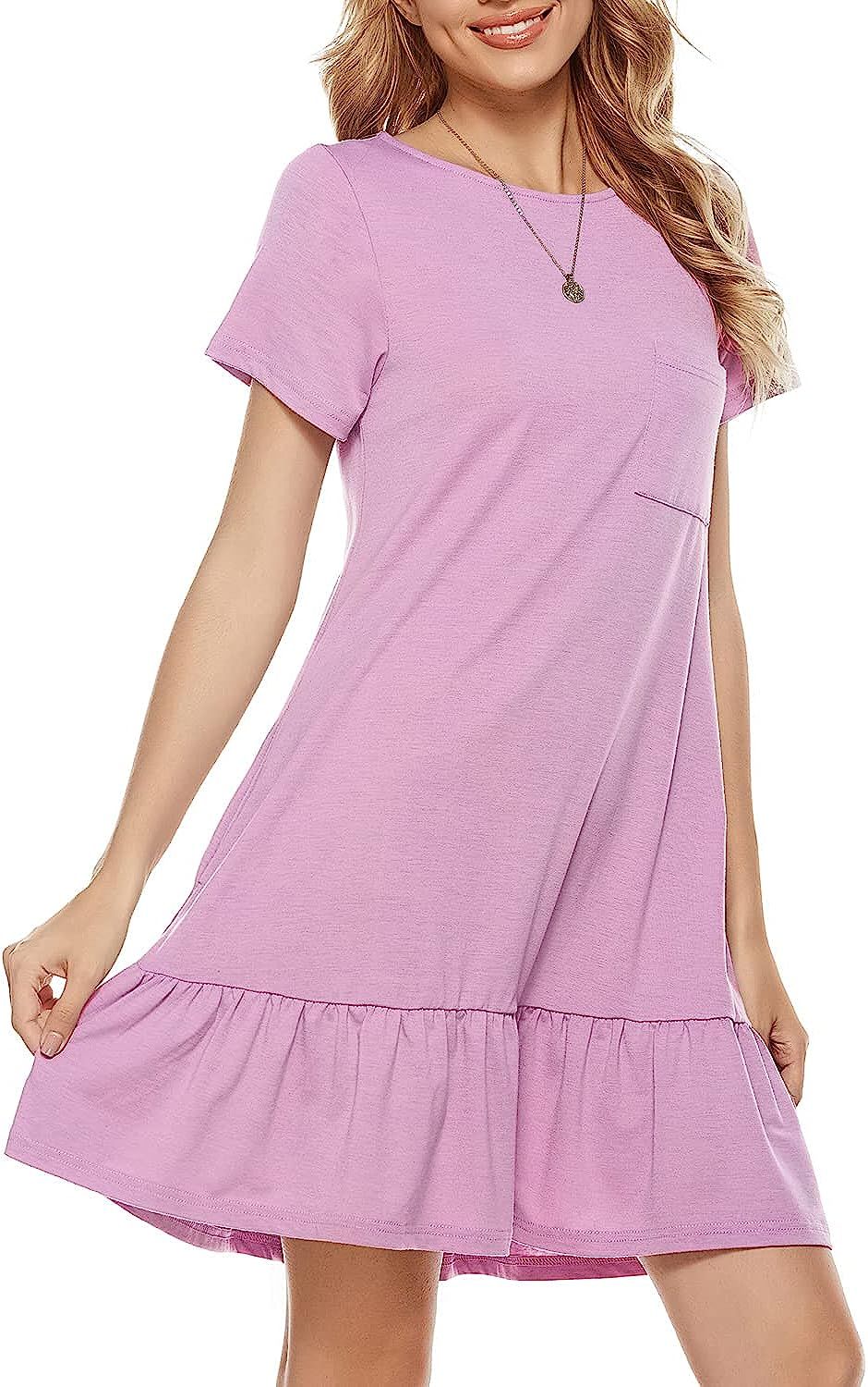 Berydress Women's Summer Casual T Shirt Dress with Pockets Short Sleeve Crew Neck Ruffle Hem Cott... | Amazon (US)