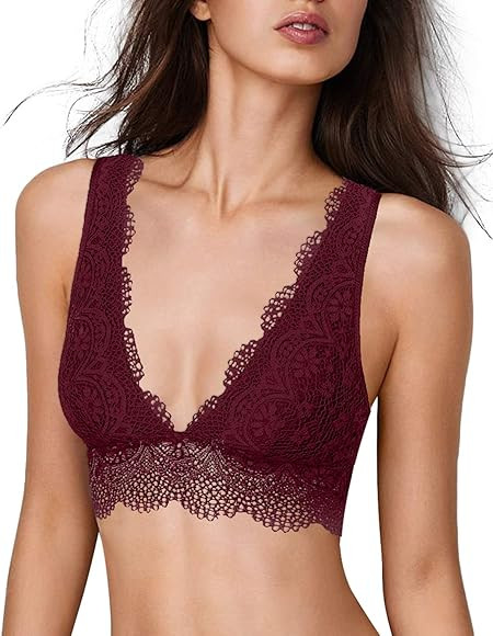 YIANNA Lace Bralette, Women's Deep V Neck Unpadded Lace Long Line Plunge Bralette Bra | Amazon (US)