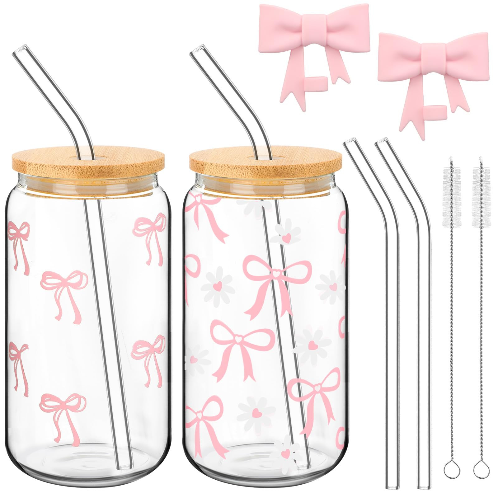 Skylety Set of 2 Coquette Bow Glass Cup 16oz Pink Glass Cup with Lids and Straws Reusable Pink Bo... | Amazon (US)