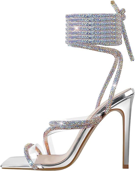 richealnini Women's Sparkly Clear Lace Up Ankle Strap High Heel Sandals | Amazon (US)