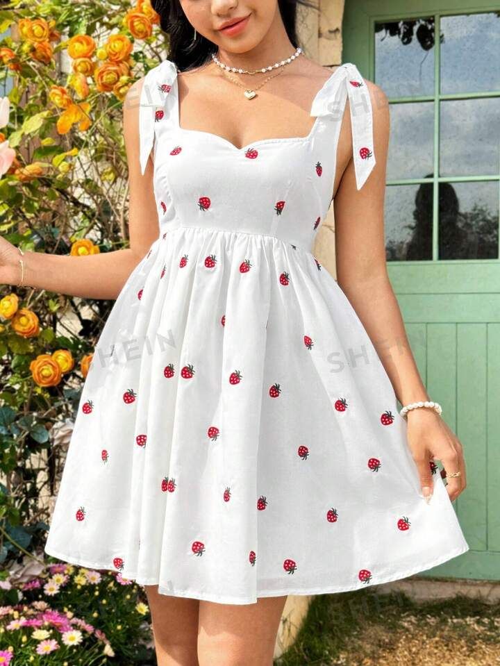 SHEIN WYWH Strawberry Print Sleeveless Dress With Bow Tie Shoulder Straps | SHEIN