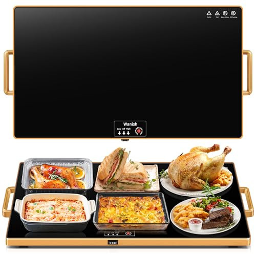 Electric Warming Tray (XXL 32”x18”)，Food Warmers for Parties Buffet with Thermostat & Full Surface Heating, Tempered Glass Warming Mat for Food, Temperature Adjustable Gold Handles Food Warming Mat | Amazon (US)