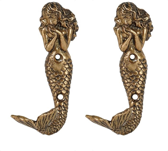2pcs Gold Mermaid Shape Metal Wall Coat Hooks, Beach Decoration Wall Mounted Hanging Racks Coat H... | Amazon (US)