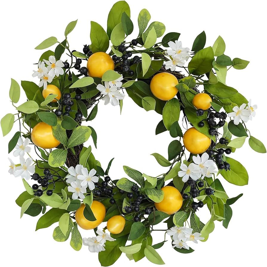 Spring Wreath for Front Door with White Wild Flowers, Lemons, and Blueberries, 18 Inch Outdoor Su... | Amazon (US)